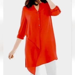 Chico's 0 Vibrant Red Orange Asymmetrical Tunic Shirt Sz Small WT296
